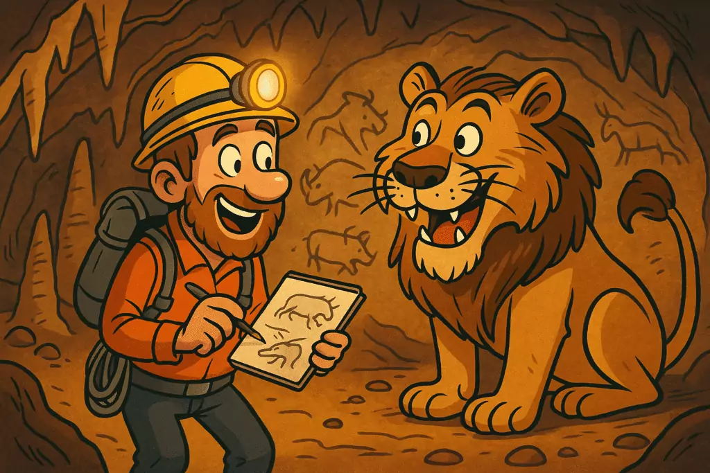 Alain Térieur face à un lion dessiné dans la Grotte Chauvet